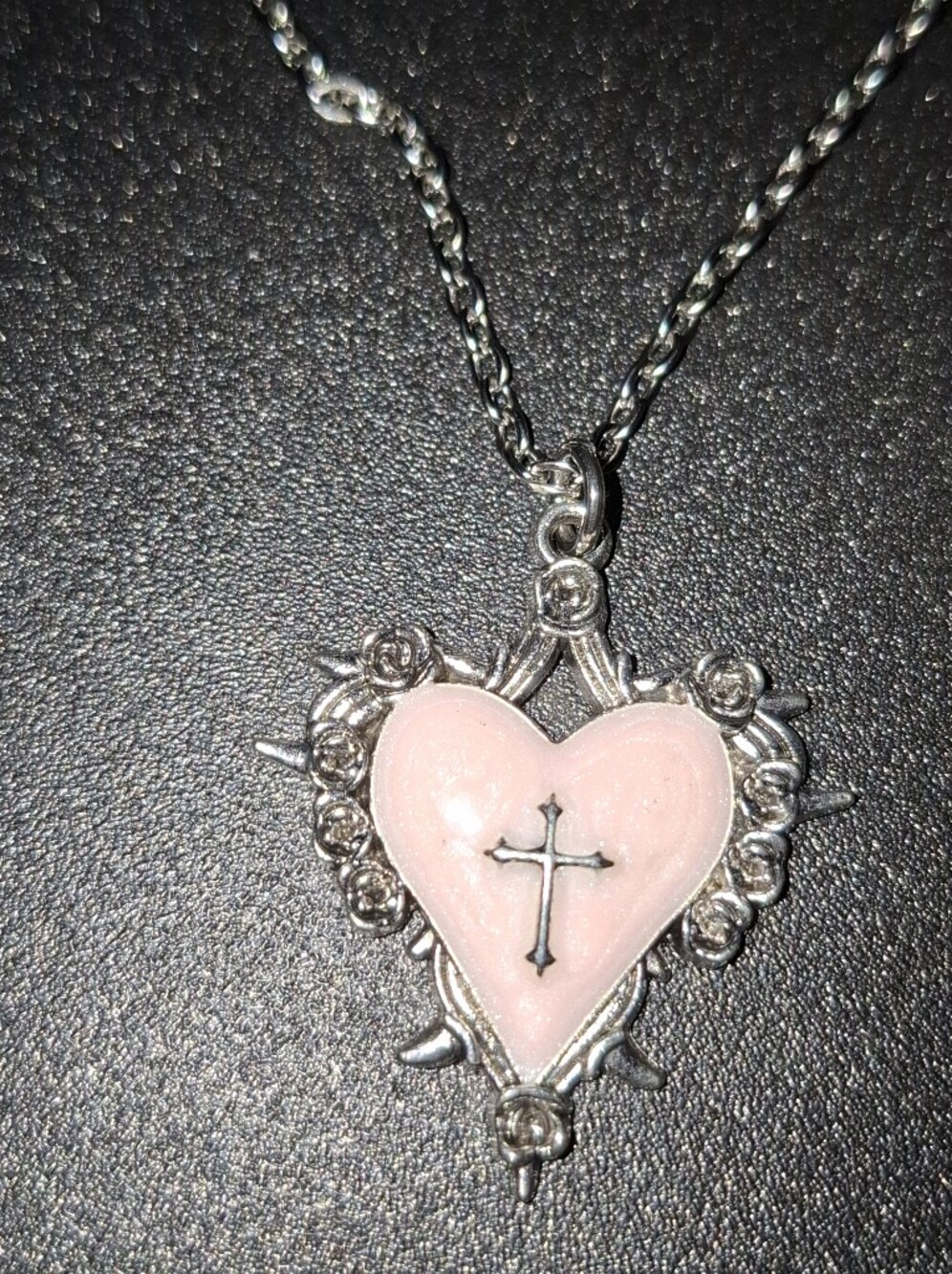 Delicate Pink Heart Pendant Necklace with Cross Accent - Silver Tone